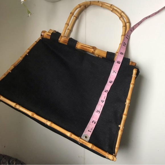 Beautiful Women’s Black Canvas/Linen Bamboo Handles Hand Bag Medium Size - Picture 7 of 8